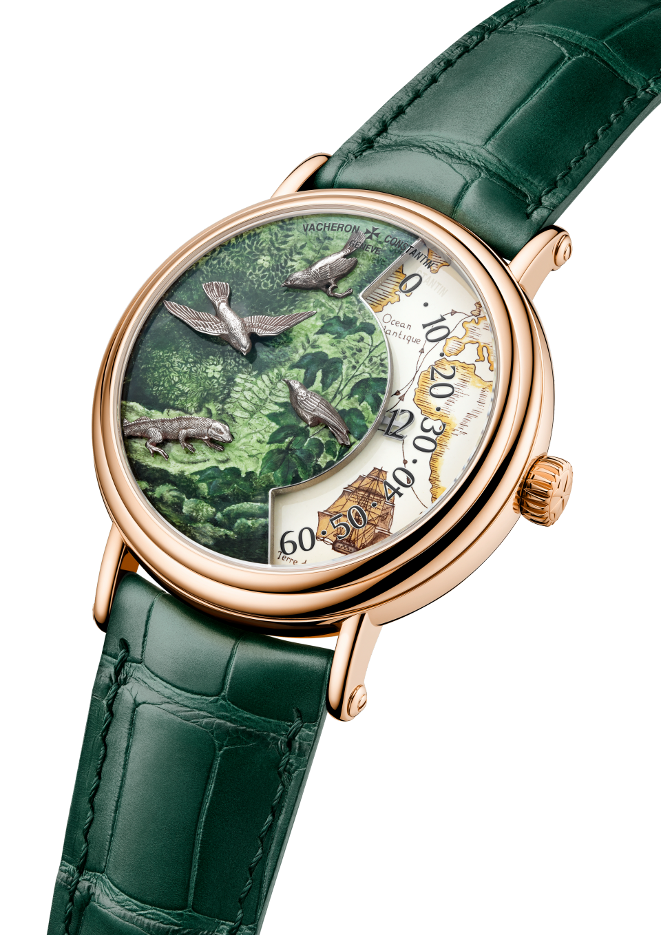 3/4 view - Packshot - Watch - Métiers d'Art Tribute to Explorer Naturalists - Cap de Bonne-Espérance - 41 mm Pink Gold with Alligator leather strap