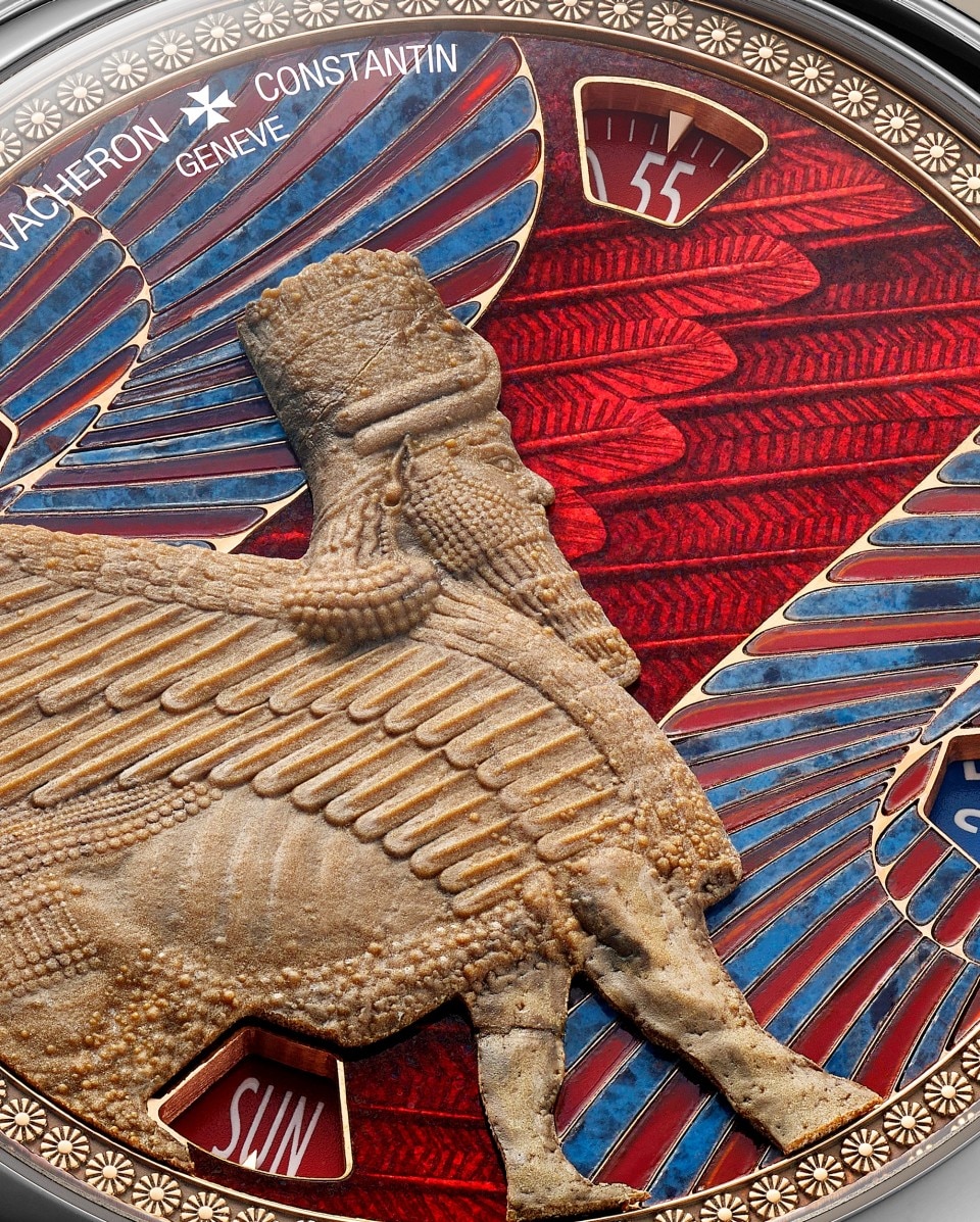 Close-up view - Packshot - Watch - Métiers d'Art Tribute to great civilisations - Lamassu de Sargon II - 42 mm White Gold with Alligator leather strap