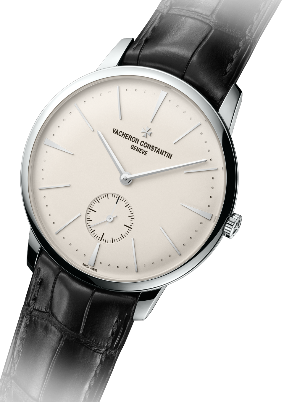 3/4 view - Packshot - Watch - Patrimony manual-winding - 42 mm White Gold with Alligator leather strap