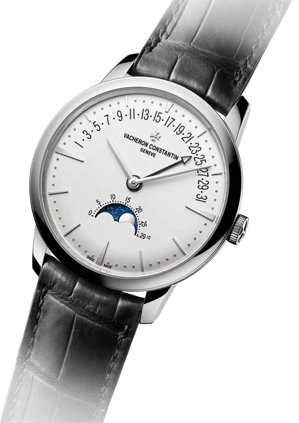 3/4 view - Packshot - Watch - Patrimony moon phase retrograde date - 42.5 mm White Gold with Alligator leather strap