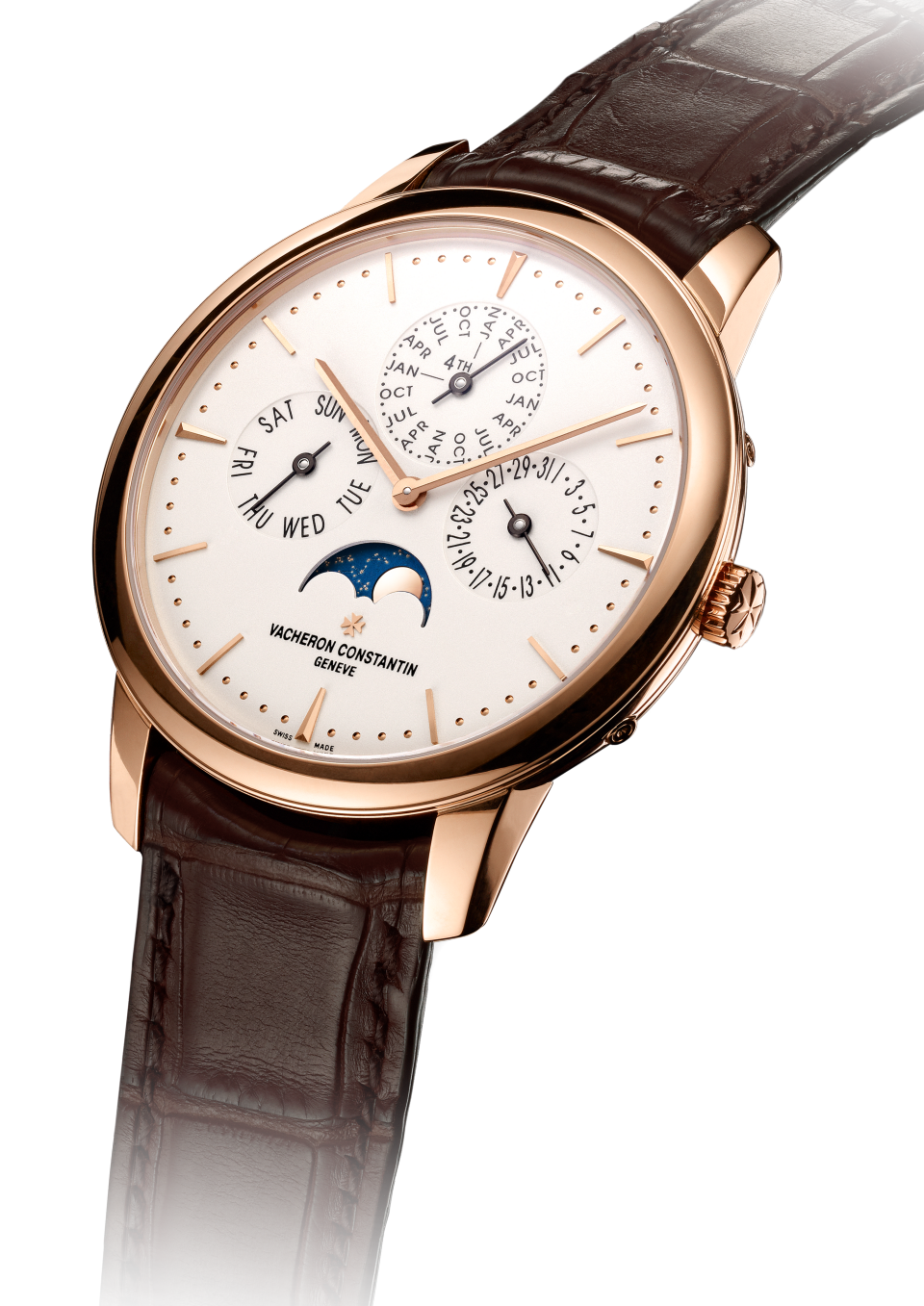 3/4 view - Packshot - Watch - Patrimony perpetual calendar ultra-thin - 41 mm Pink Gold with Alligator leather strap