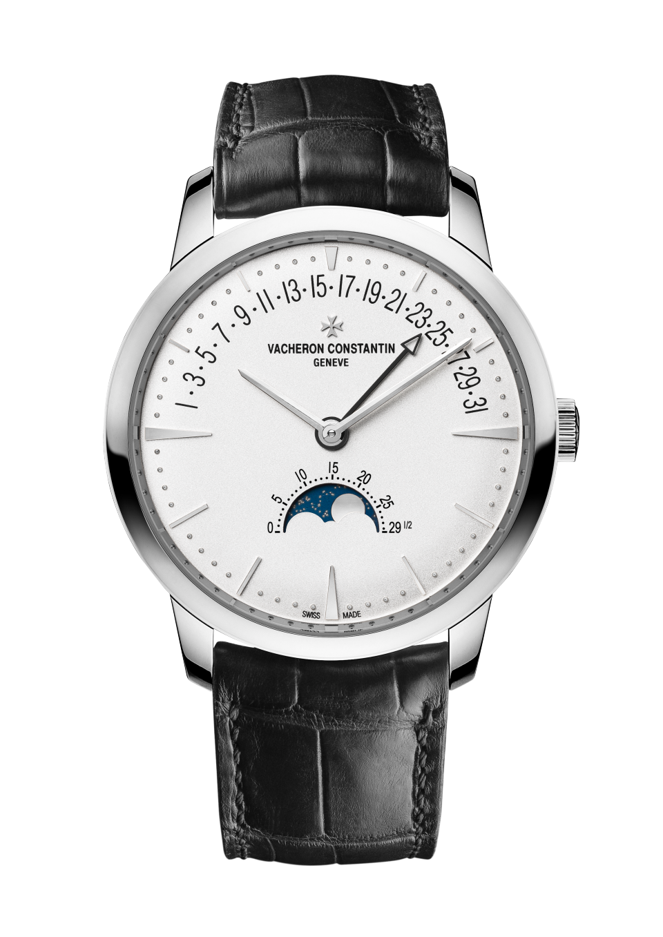 Front view - Packshot - Watch - Patrimony moon phase retrograde date - 42.5 mm White Gold with Alligator leather strap
