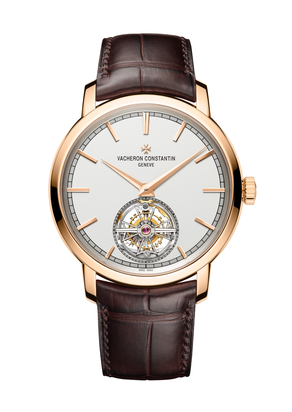 Front view - Packshot - Watch - Traditionnelle tourbillon - 41 mm Pink Gold with Alligator leather strap