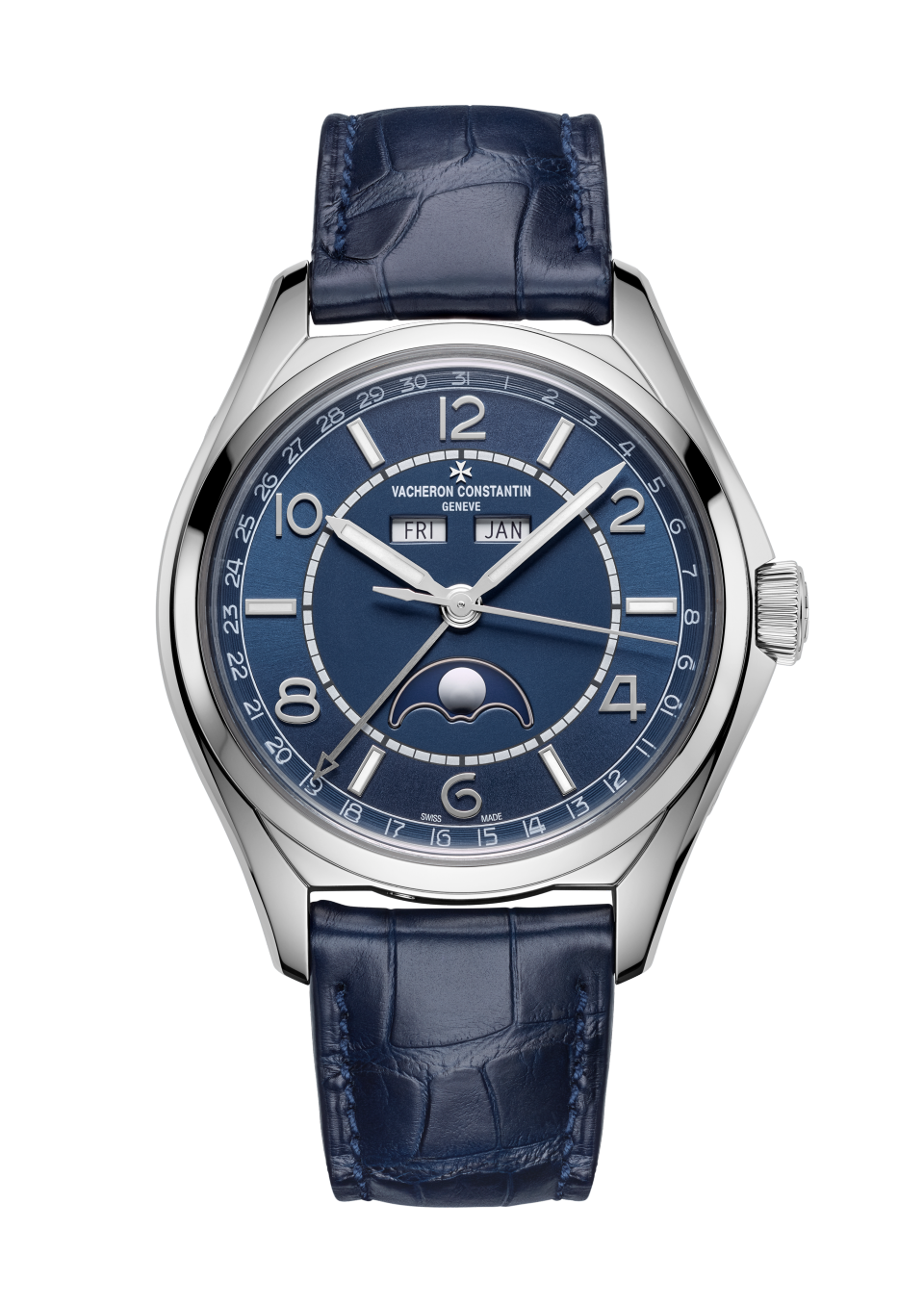Front view - Packshot - Watch - Fiftysix complete calendar - 40 mm Steel with Alligator leather strap