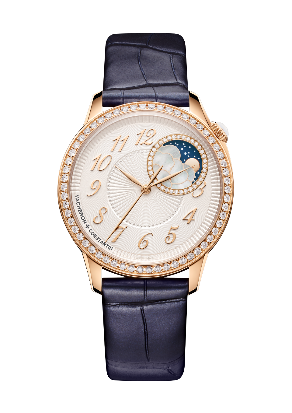 Front view - Packshot - Watch - Égérie moon phase - 37 mm Pink Gold with Alligator leather strap