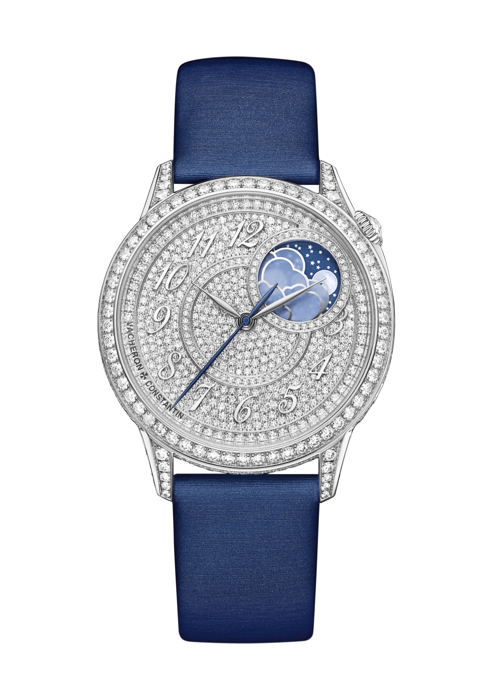 Front view - Packshot - Watch - Égérie moon phase - 37 mm White Gold with Alligator leather, Satin-effect calfskin leather straps