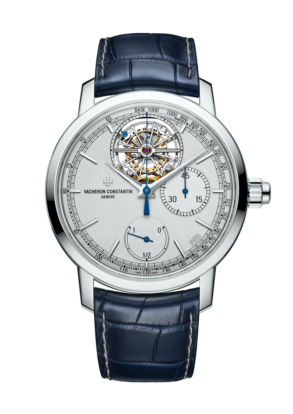 Front view - Packshot - Watch - Traditionnelle tourbillon chronograph Collection Excellence Platine - 42.5 mm Platinum with Alligator leather strap