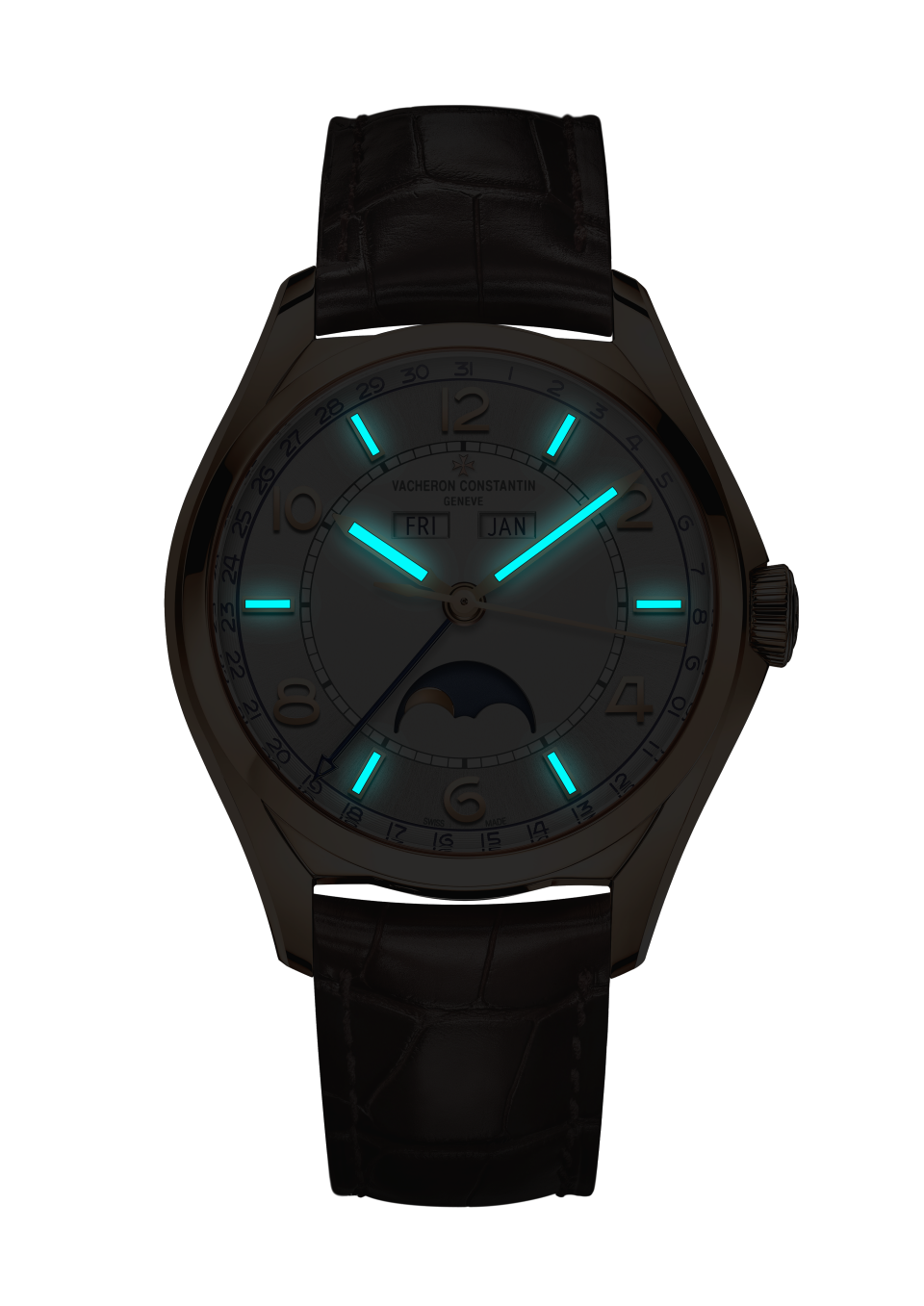 Night view - Image - Watch - Fiftysix complete calendar - 40 mm Pink Gold with Alligator leather strap