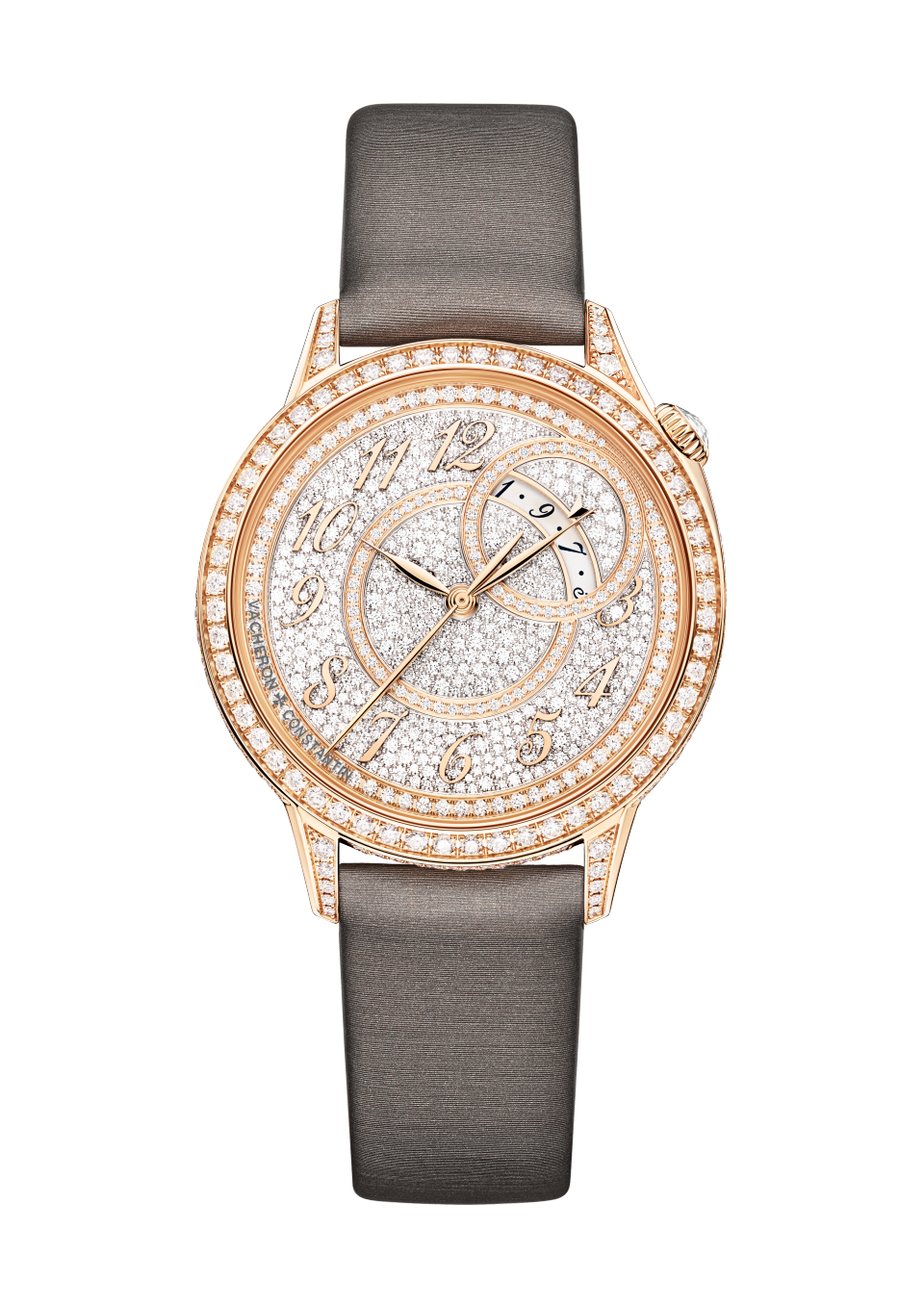 Front view - Packshot - Watch - Égérie self-winding - 35 mm Pink Gold with Alligator leather, Satin straps