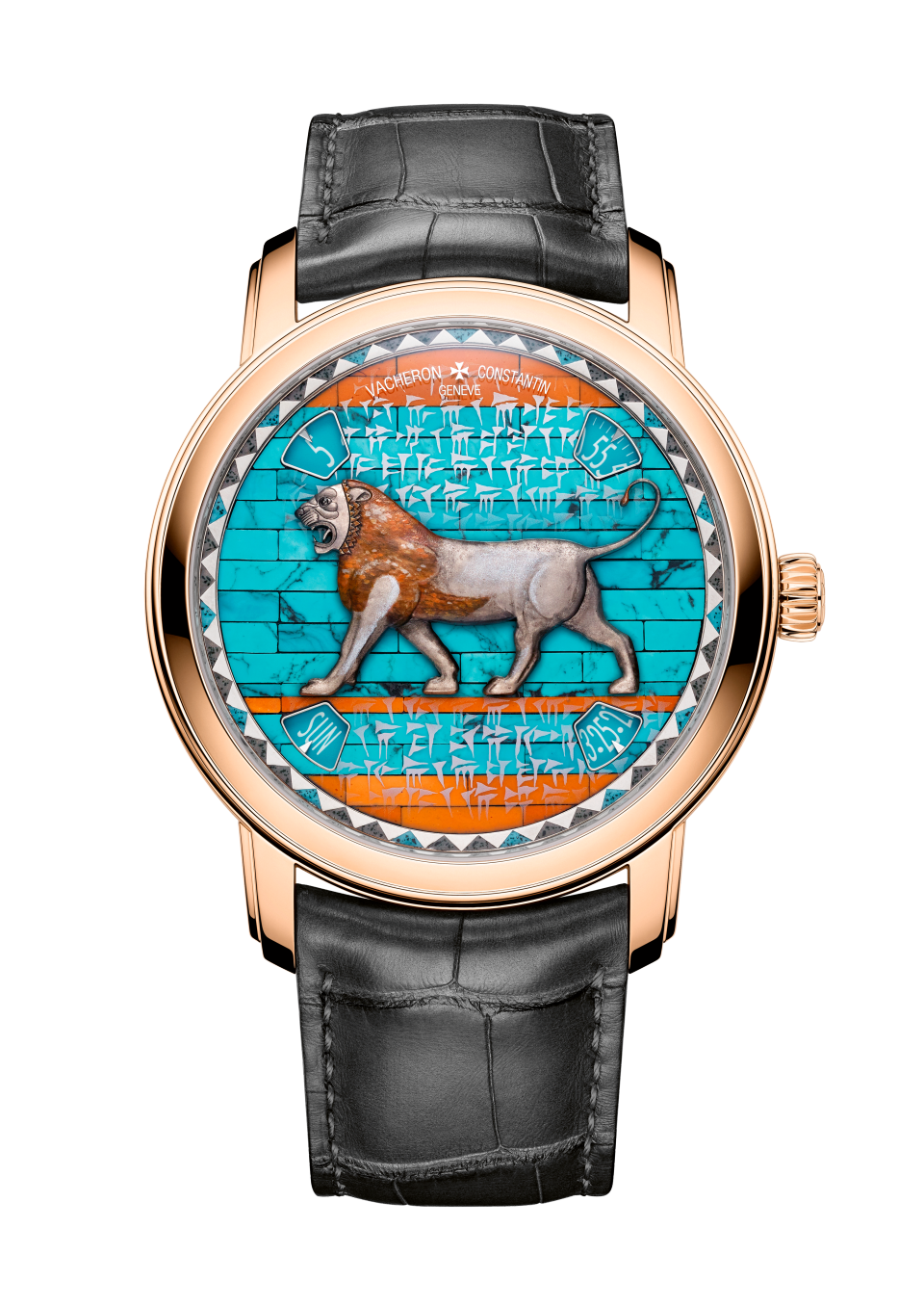 Front view - Packshot - Watch - Métiers d'Art Tribute to great civilisations - Lion de Darius - 42 mm Pink Gold with Alligator leather strap