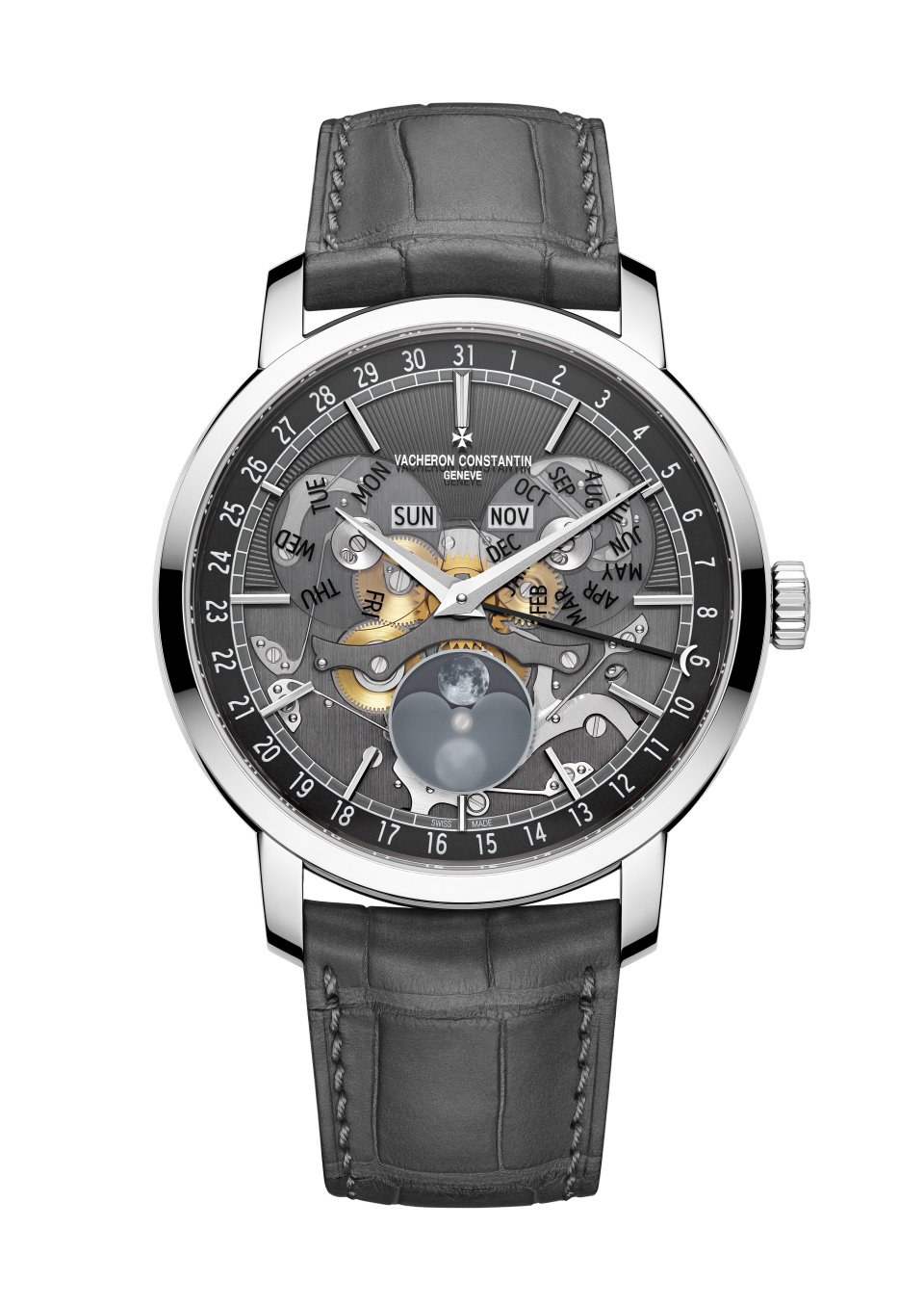 Front view - Packshot - Watch - Traditionnelle complete calendar openface - 41 mm White Gold with Alligator leather strap