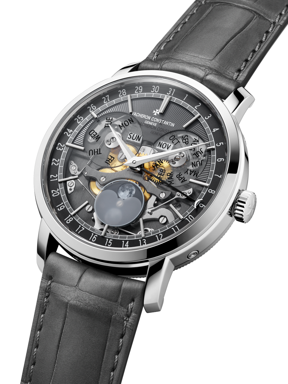 3/4 view - Packshot - Watch - Traditionnelle complete calendar openface - 41 mm White Gold with Alligator leather strap
