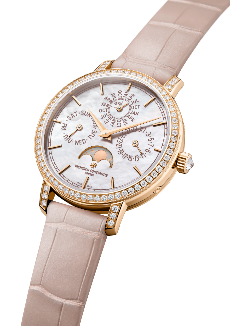 3/4 view - Packshot - Watch - Traditionnelle perpetual calendar ultra-thin - 36.5 mm Pink Gold with Alligator leather strap