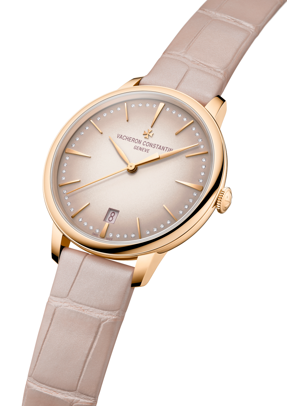 3/4 view - Packshot - Watch - Patrimony self-winding - 36.5 mm Pink Gold with Alligator leather strap