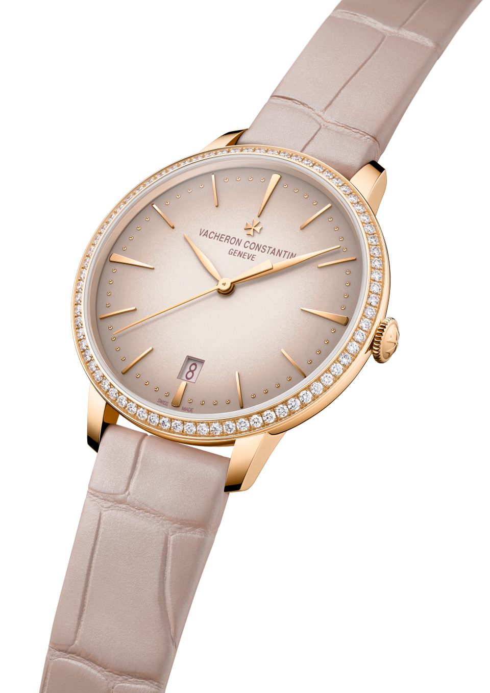 3/4 view - Packshot - Watch - Patrimony self-winding - 36.5 mm Pink Gold with Alligator leather strap