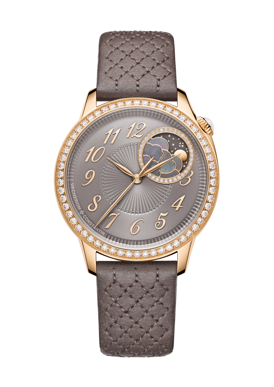 Front view - Packshot - Watch - Égérie moon phase - 37 mm Pink Gold with Alligator leather, Lambskin leather, Satin straps
