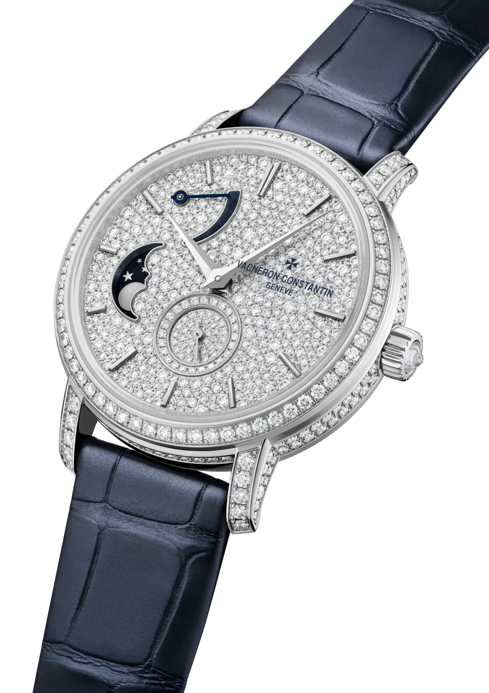 3/4 view - Packshot - Watch - Traditionnelle moon phase - 37.5 mm White Gold with Alligator leather strap