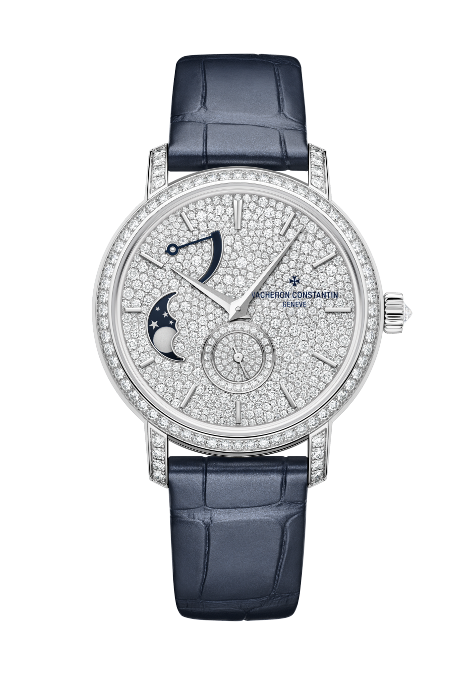 Front view - Packshot - Watch - Traditionnelle moon phase - 37.5 mm White Gold with Alligator leather strap