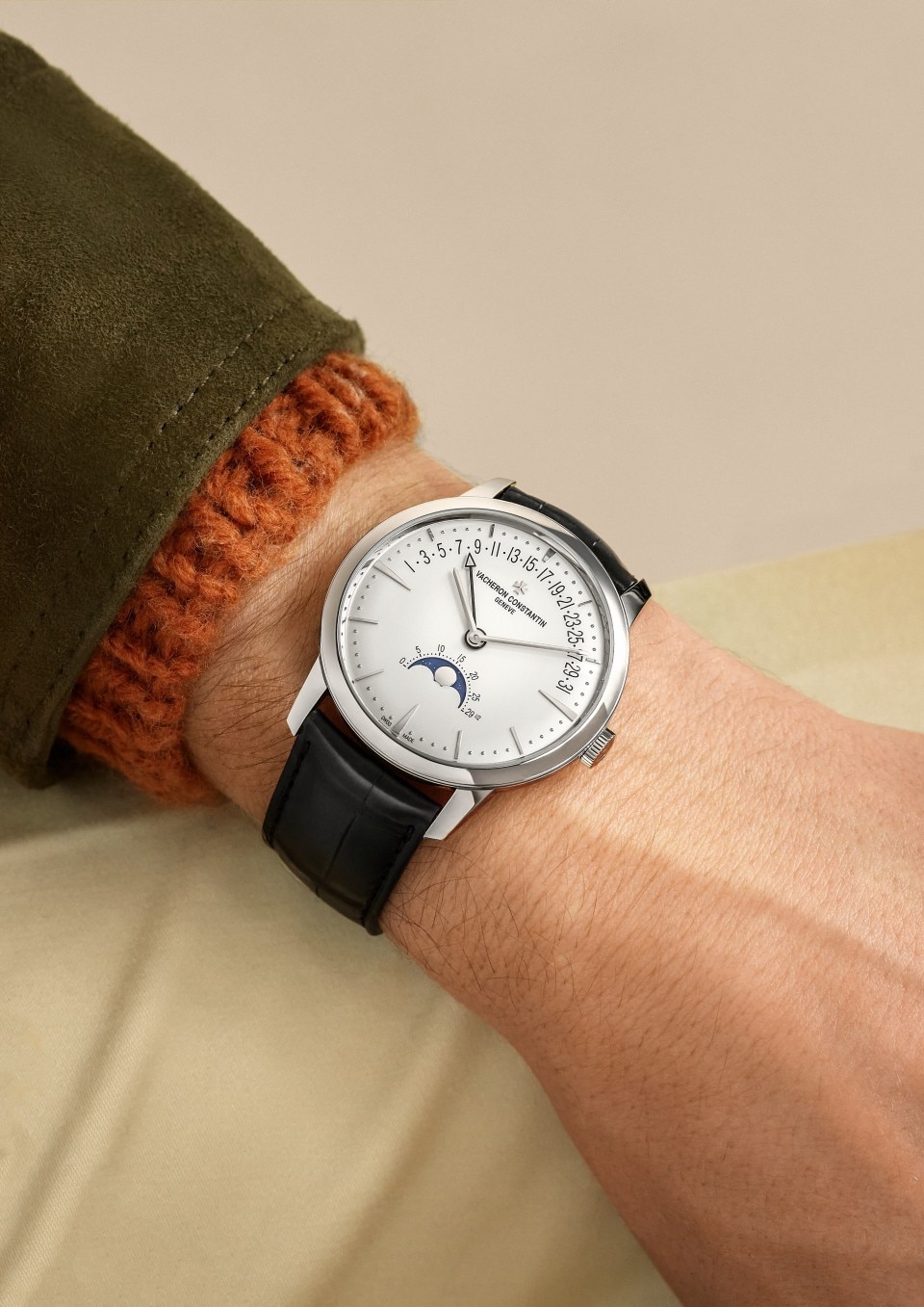 - Lifestyle product photo - Watch - Patrimony moon phase retrograde date - 42.5 mm White Gold with Alligator leather strap