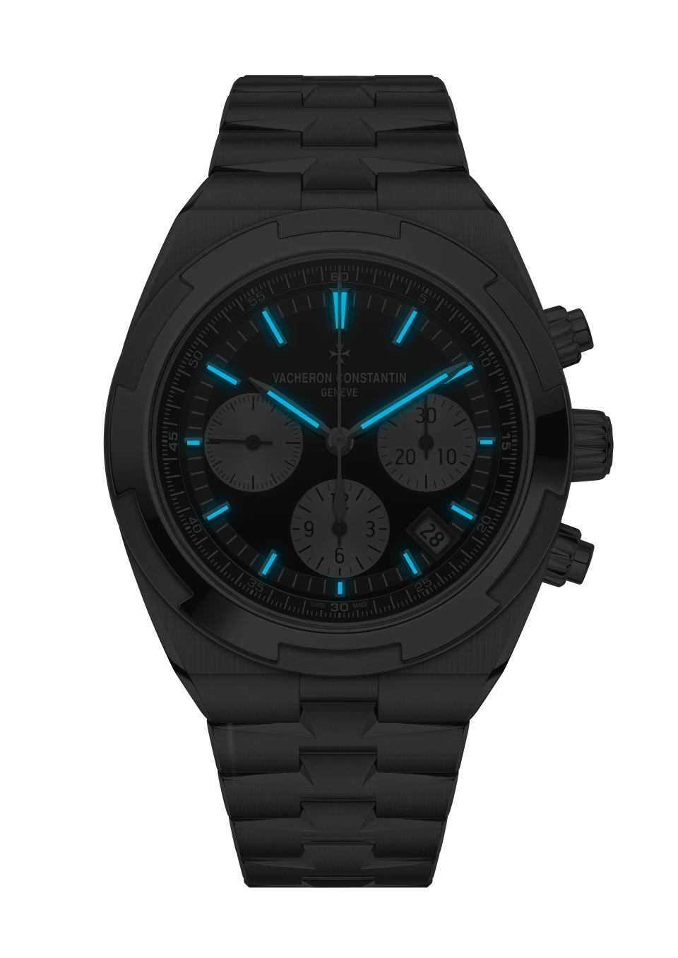 Night view - Image - Watch - Overseas chronograph - 42.5 mm Steel with Grained calfskin leather, Stainless steel, Rubber straps