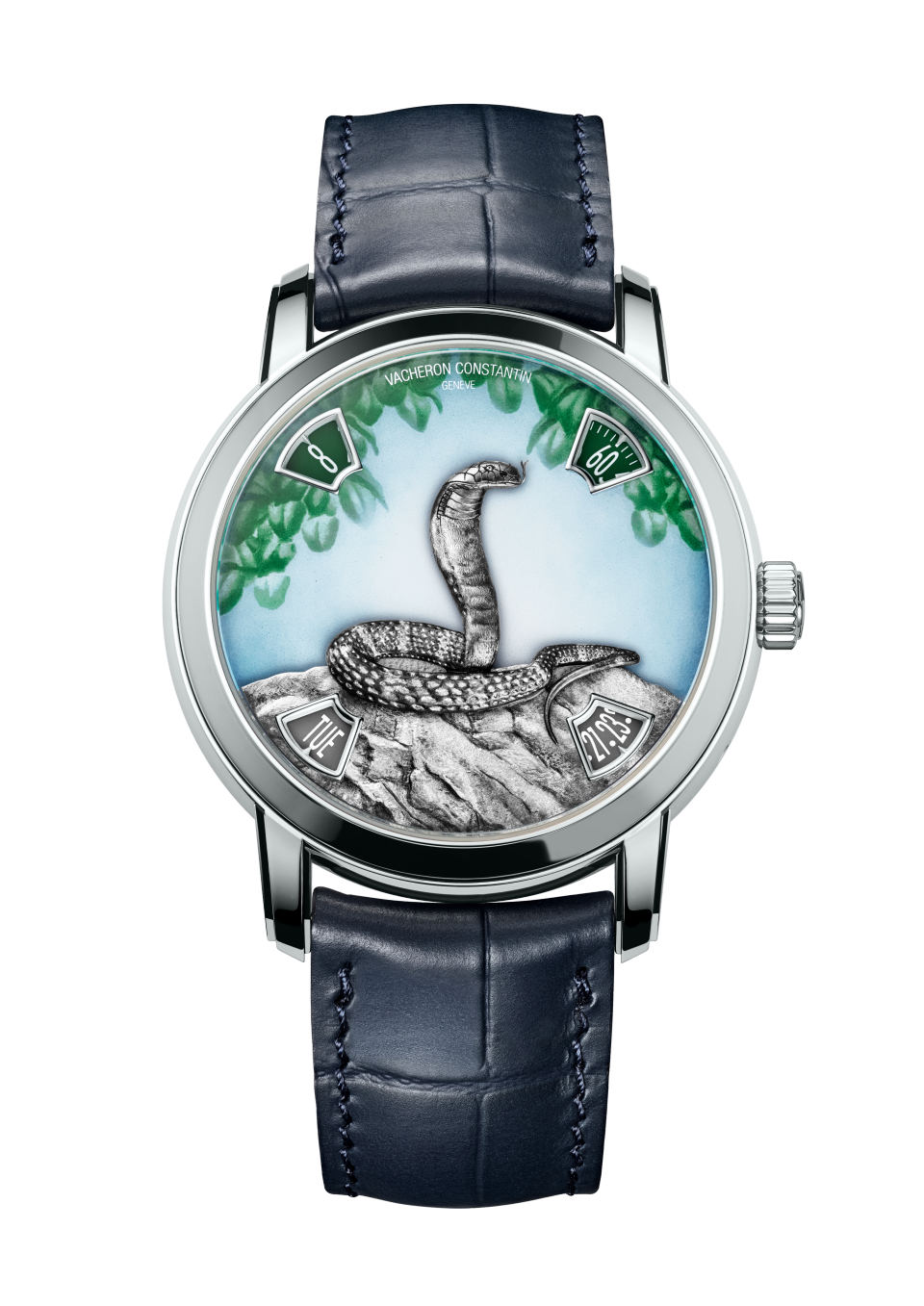 Front view - Packshot - Watch - Métiers d'Art The legend of the Chinese zodiac - year of the snake - 40 mm Platinum with Alligator leather strap