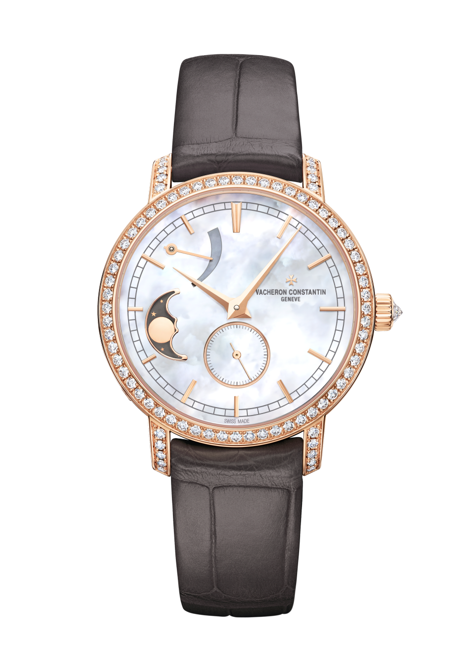Front view - Packshot - Watch - Traditionnelle moon phase - 36 mm Pink Gold with Alligator leather strap