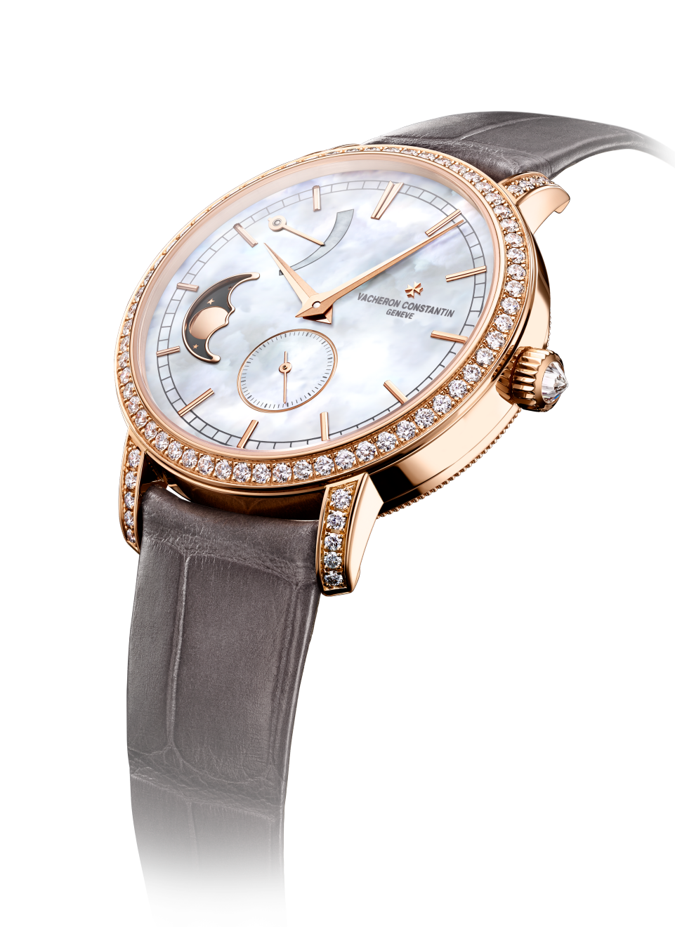 3/4 view - Packshot - Watch - Traditionnelle moon phase - 36 mm Pink Gold with Alligator leather strap