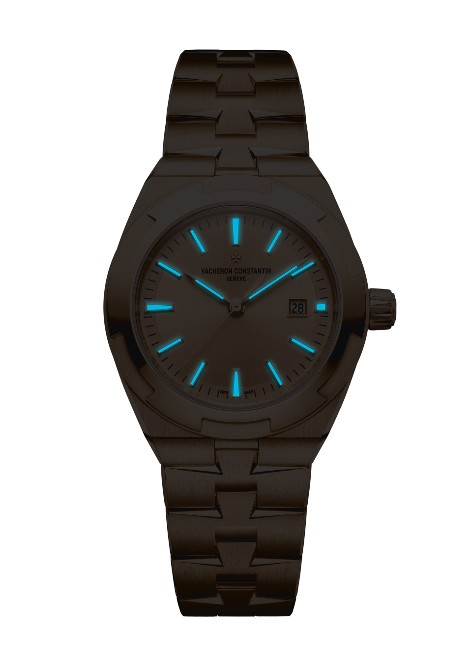 Night view - Image - Watch - Overseas self-winding - 34.5 mm Pink Gold with Alligator leather, Rubber, 18K pink gold straps