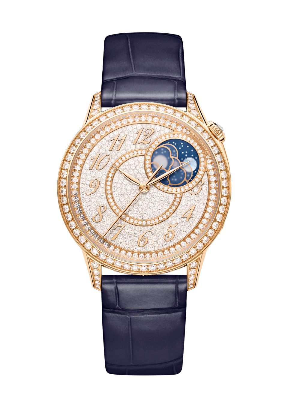 Front view - Packshot - Watch - Égérie moon phase - 37 mm Pink Gold with Satin-effect calfskin leather, Alligator leather straps