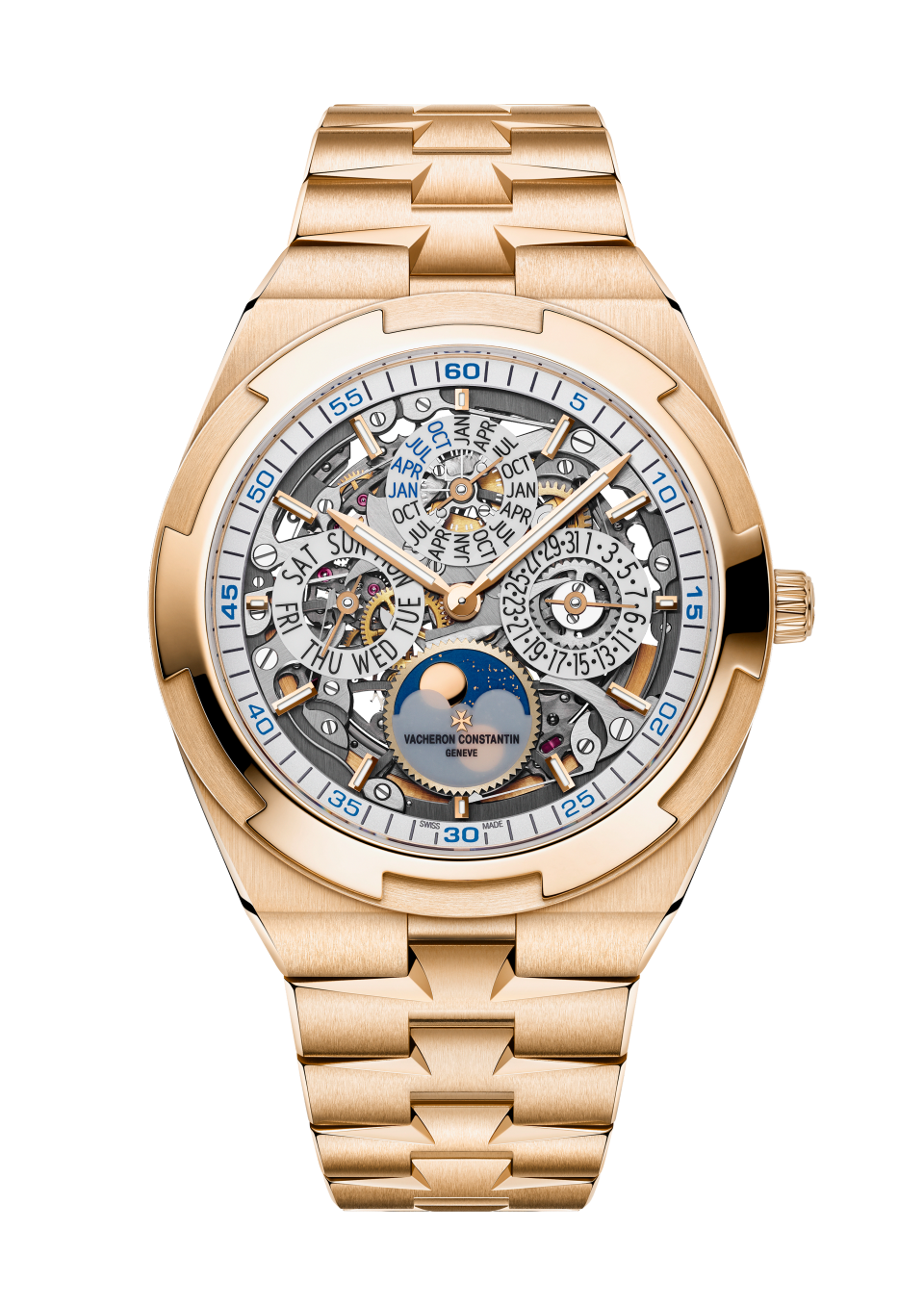 Front view - Packshot - Watch - Overseas perpetual calendar ultra-thin skeleton - 41.5 mm Pink Gold with Grained calfskin leather, Rubber straps