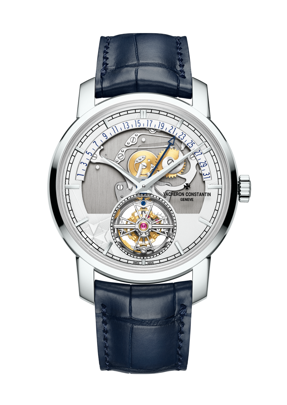 正视图 - 产品图片 - 腕表 - Traditionnelle传袭系列陀飞轮逆跳日历镂雕腕表 - 41毫米 铂金 隽永 鳄鱼皮 表带