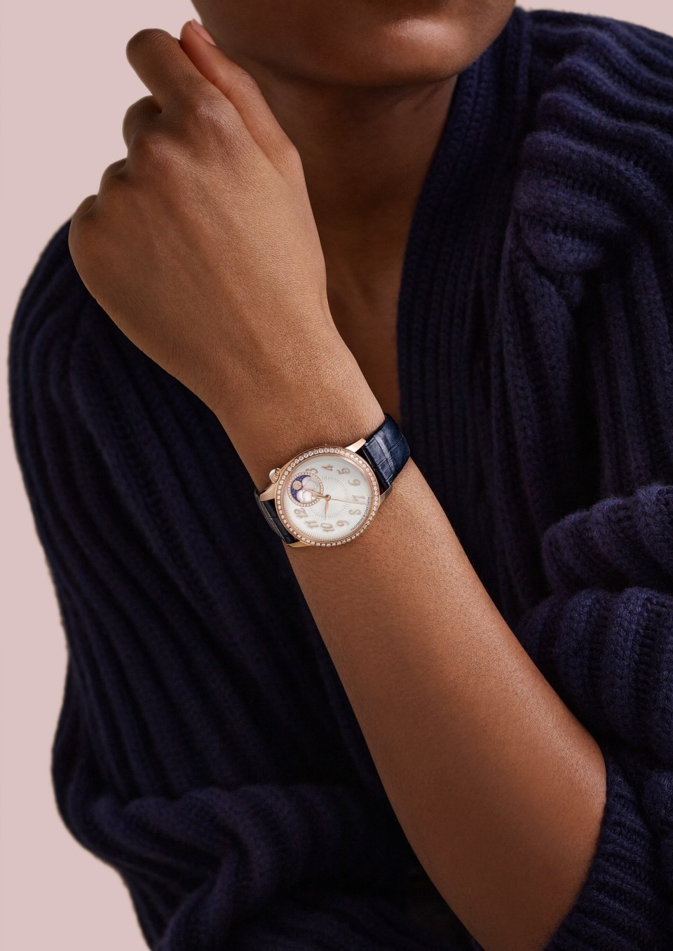 - Lifestyle product photo - Watch - Égérie moon phase - 37 mm Pink Gold with Alligator leather strap