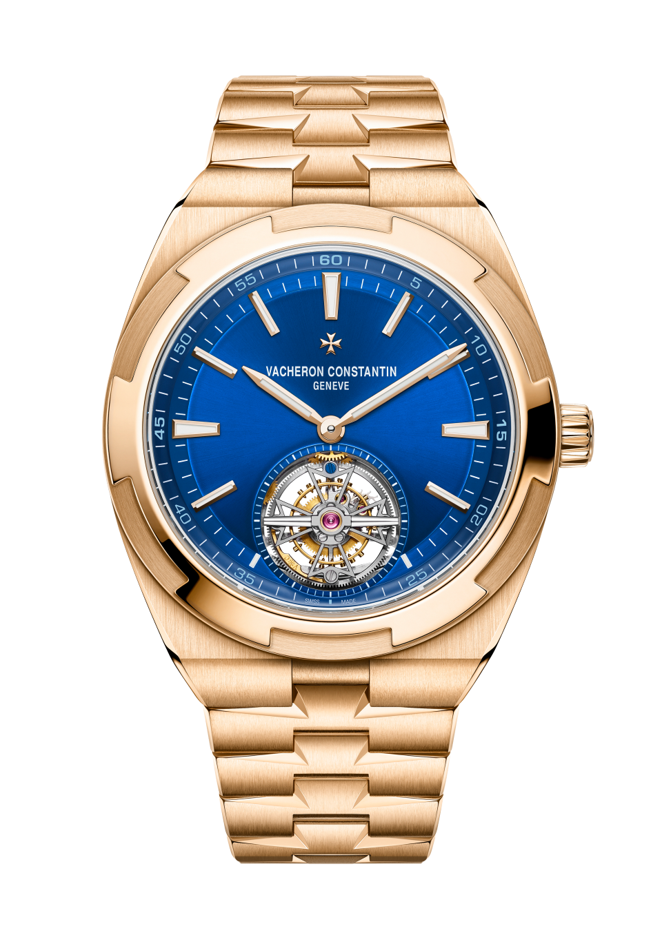Front view - Packshot - Watch - Overseas tourbillon - 42.5 mm Pink Gold with Rubber, Grained calfskin leather straps