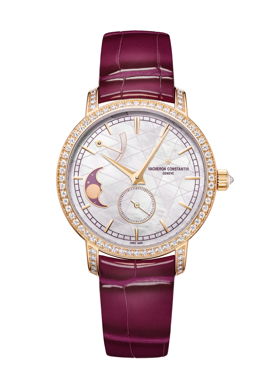 Front view - Packshot - Watch - Traditionnelle moon phase - 36 mm Pink Gold with Alligator leather strap