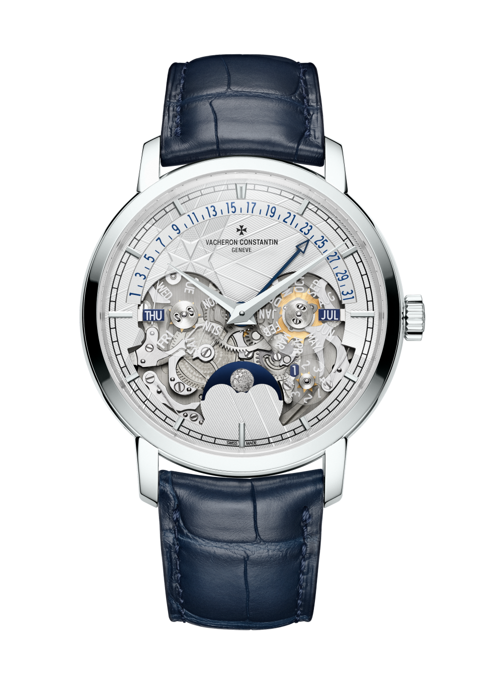 正视图 - 产品图片 - 腕表 - Traditionnelle传袭系列万年历逆跳日历镂雕腕表 - 41毫米 铂金 隽永 鳄鱼皮 表带