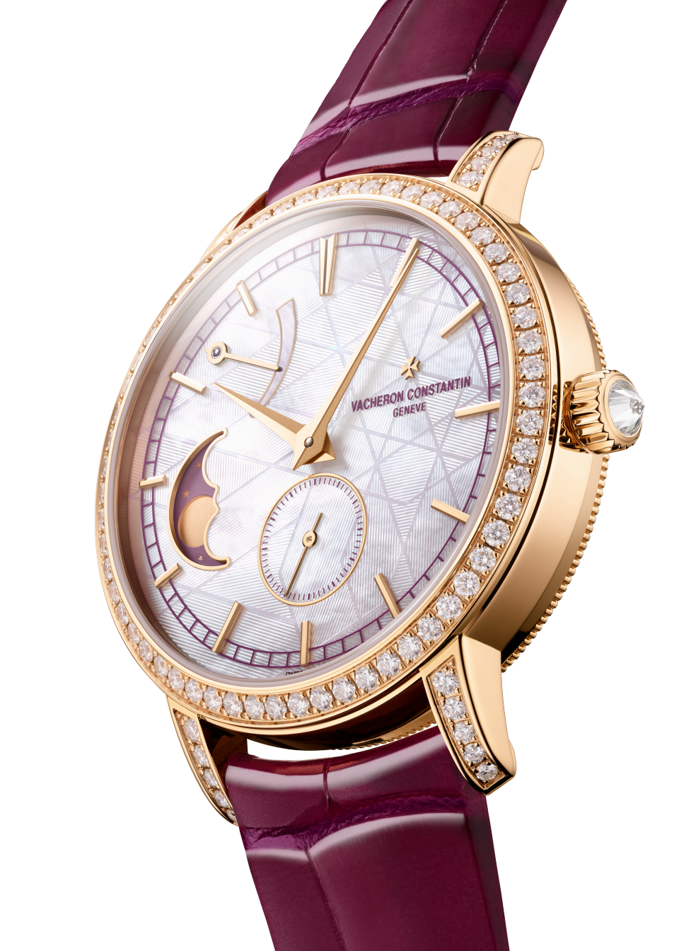 3/4 view - Packshot - Watch - Traditionnelle moon phase - 36 mm Pink Gold with Alligator leather strap