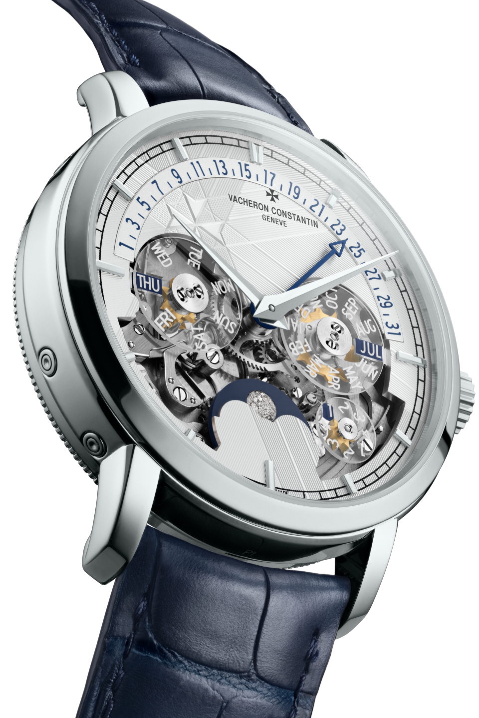 3/4视图 - 产品图片 - 腕表 - Traditionnelle传袭系列万年历逆跳日历镂雕腕表 - 41毫米 铂金 隽永 鳄鱼皮 表带