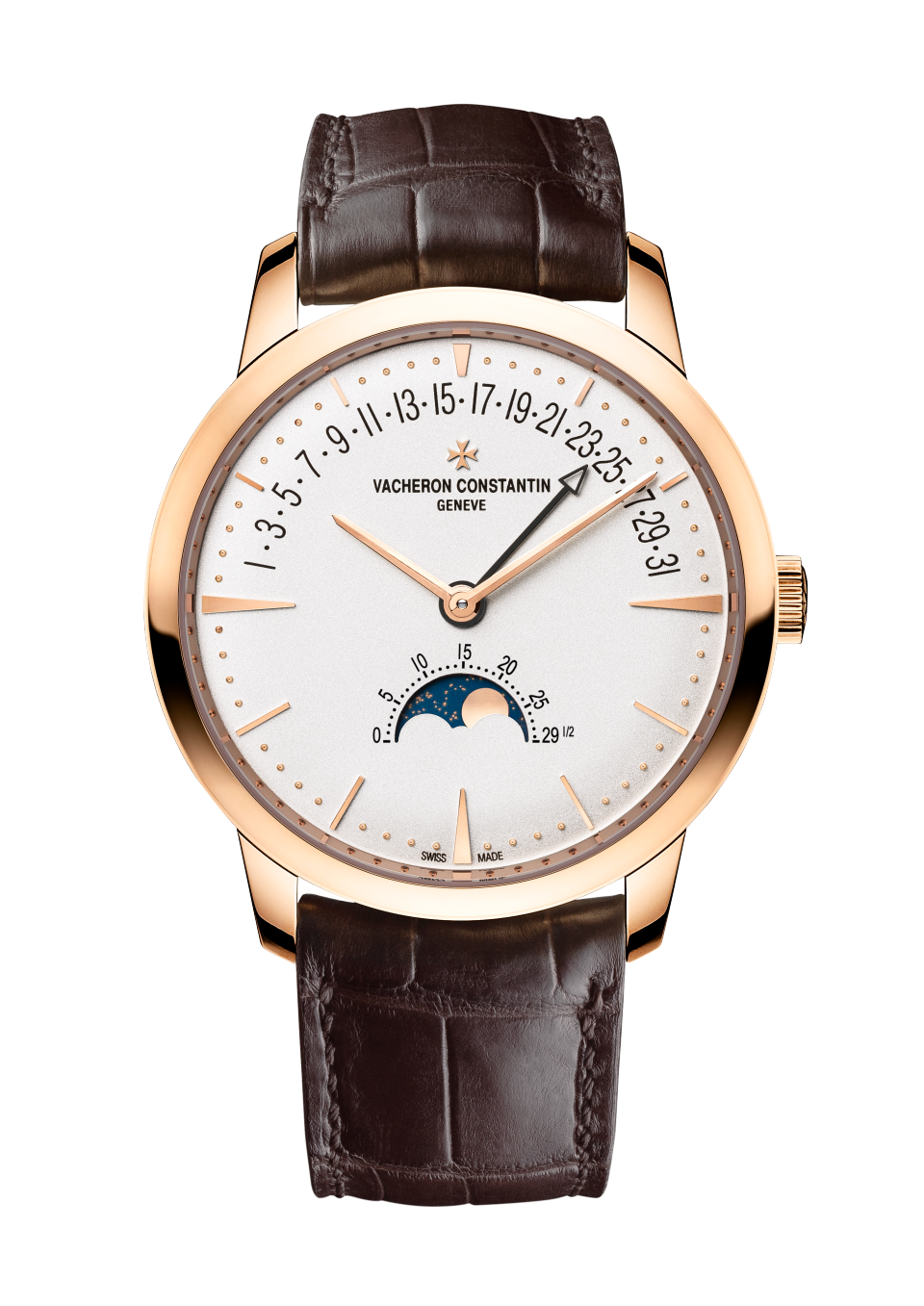 Front view - Packshot - Watch - Patrimony moon phase retrograde date - 42.5 mm Pink Gold with Alligator leather strap