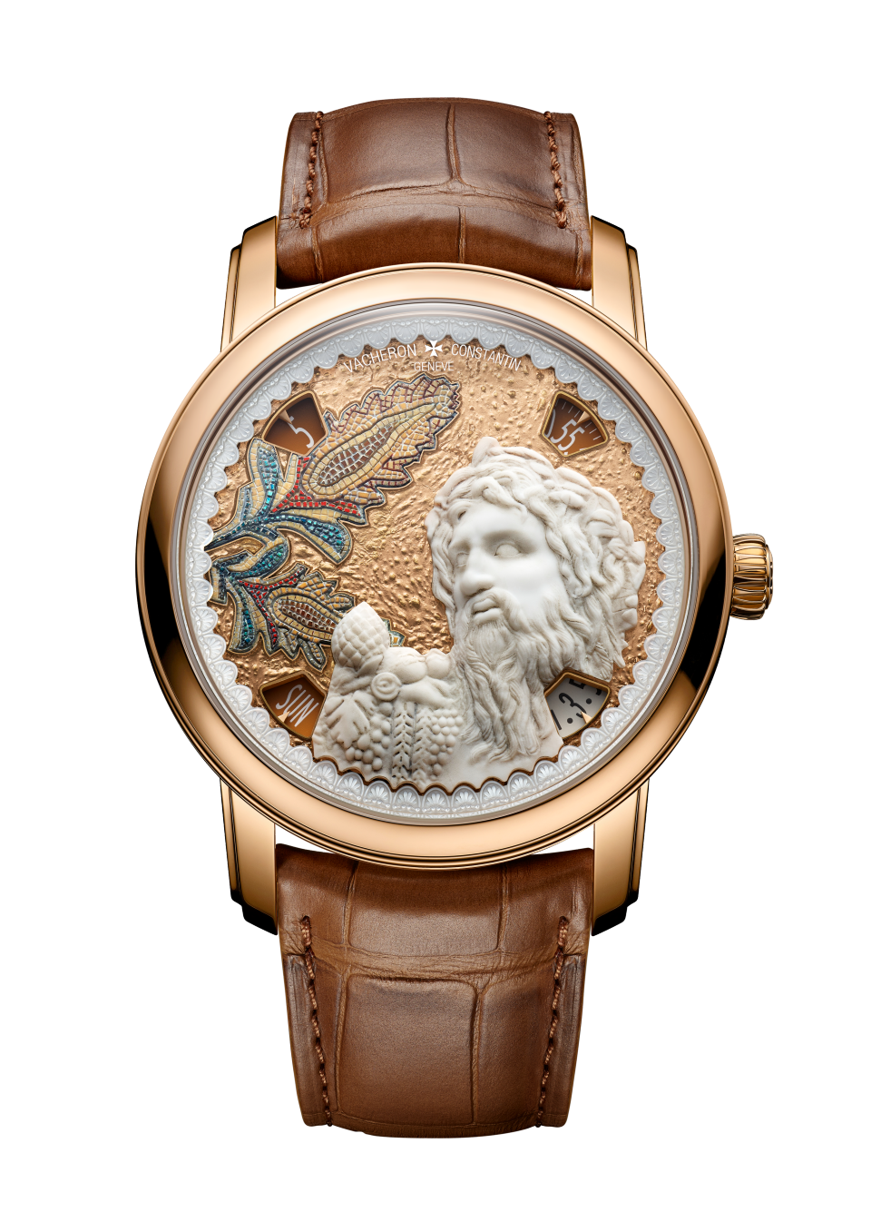 Front view - Packshot - Watch - Métiers d'Art Tribute to great civilisations - Tibre de l’Iseum Campense - 42 mm Pink Gold with Alligator leather strap