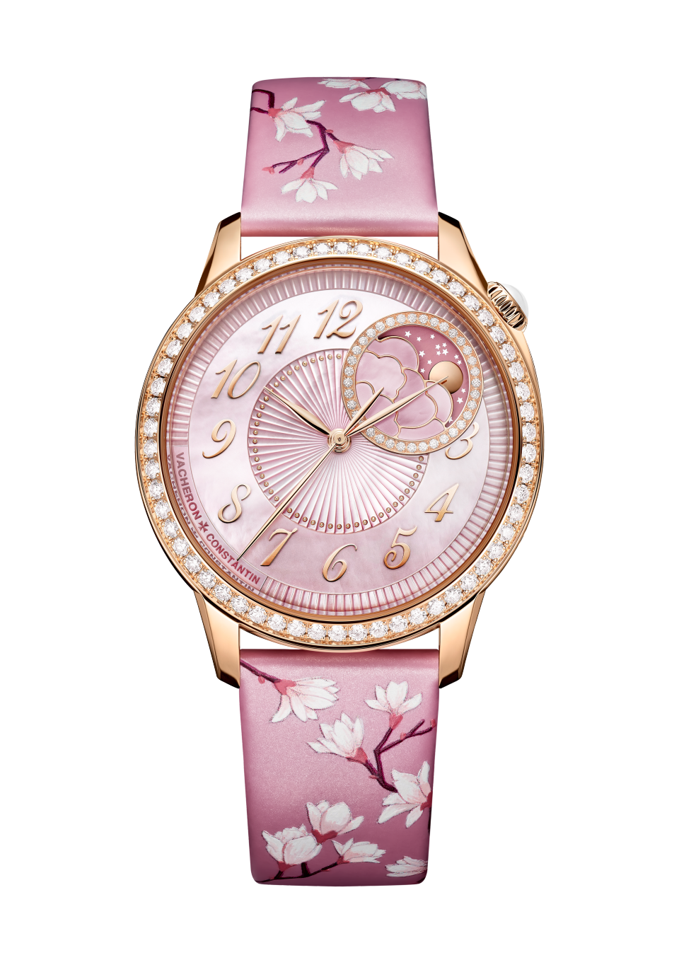 Front view - Packshot - Watch - Égérie moon phase - 37 mm Pink Gold with Alligator leather, Calfskin leather, Polyester straps