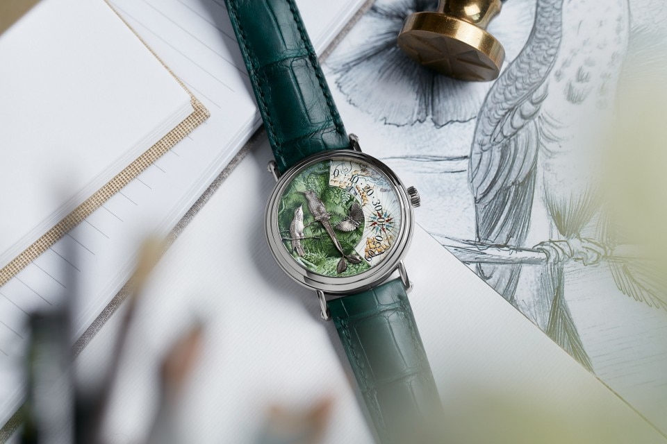 Other view - Lifestyle product photo - Watch - Métiers d'Art Tribute to Explorer Naturalists - Terre de feu - 41 mm White Gold with Alligator leather strap