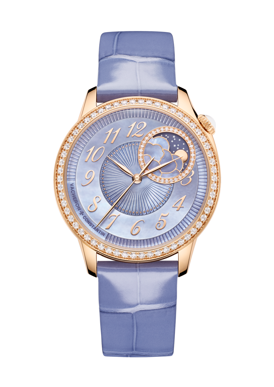 Front view - Packshot - Watch - Égérie moon phase - 37 mm Pink Gold with Satin-effect calfskin leather, Calfskin leather, Alligator leather straps