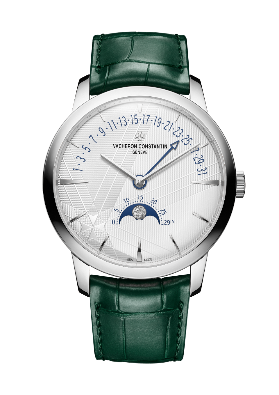 Front view - Packshot - Watch - Patrimony moon phase retrograde date - 42.5 mm White Gold with Alligator leather strap