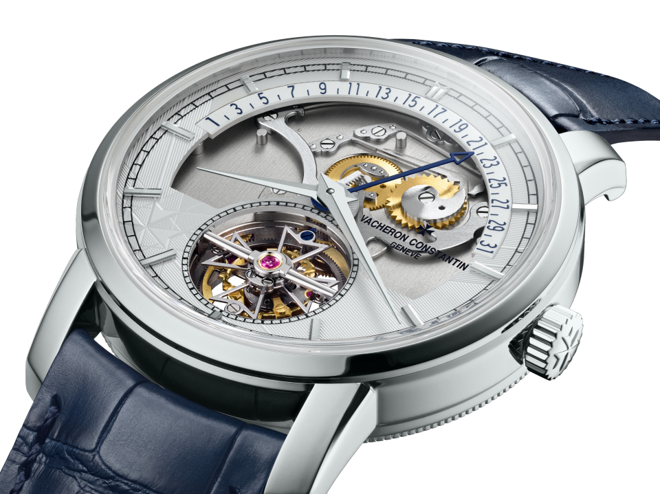 3/4视图 - 产品图片 - 腕表 - Traditionnelle传袭系列陀飞轮逆跳日历镂雕腕表 - 41毫米 铂金 隽永 鳄鱼皮 表带