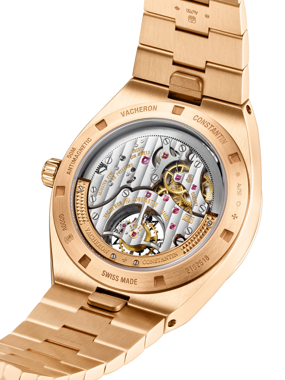 3/4 view - Image - Watch - Overseas tourbillon - 42.5 mm Pink Gold with Rubber, Grained calfskin leather straps