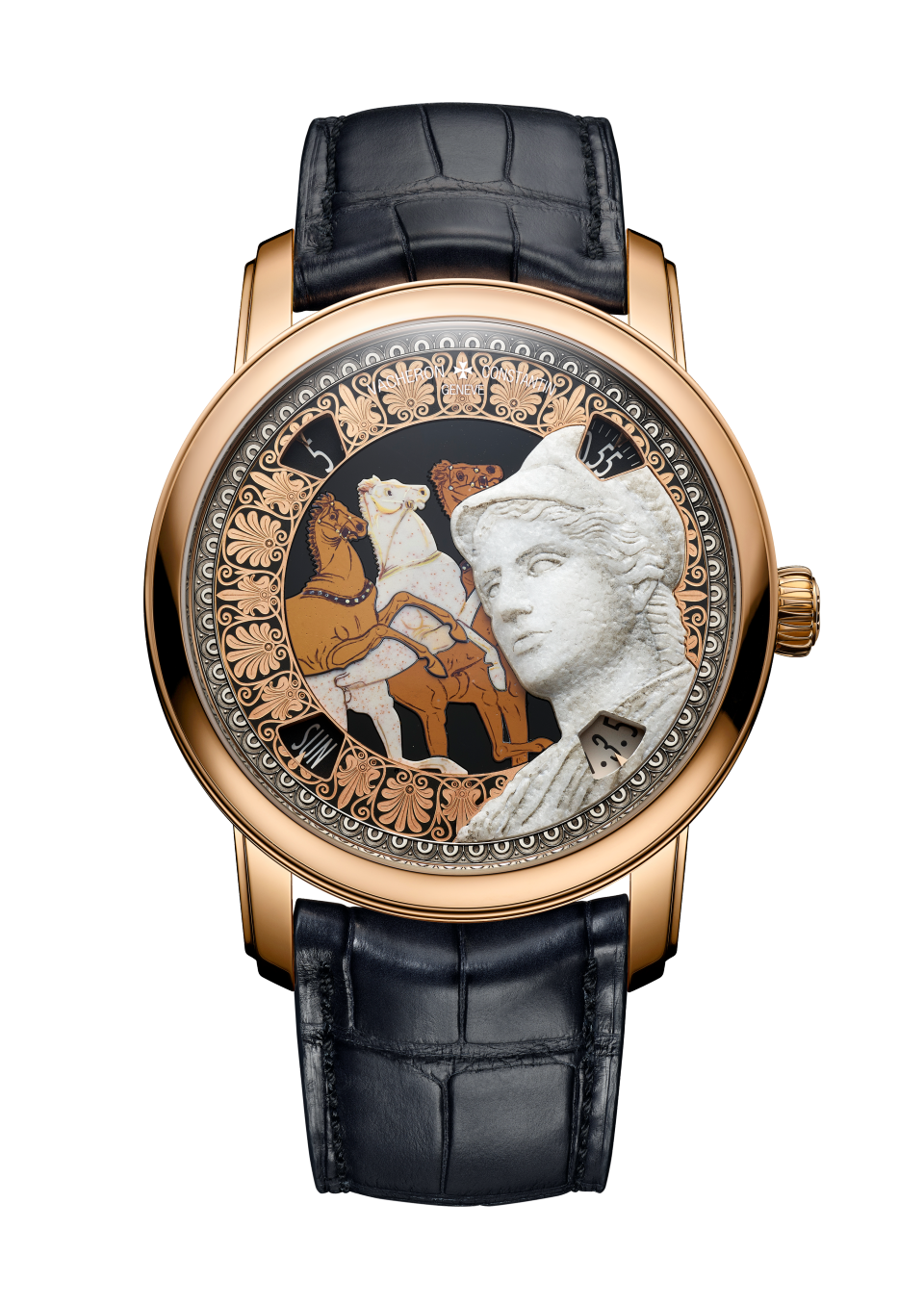 Front view - Packshot - Watch - Métiers d'Art Tribute to great civilisations - Athéna de Velletri - 42 mm Pink Gold with Alligator leather strap