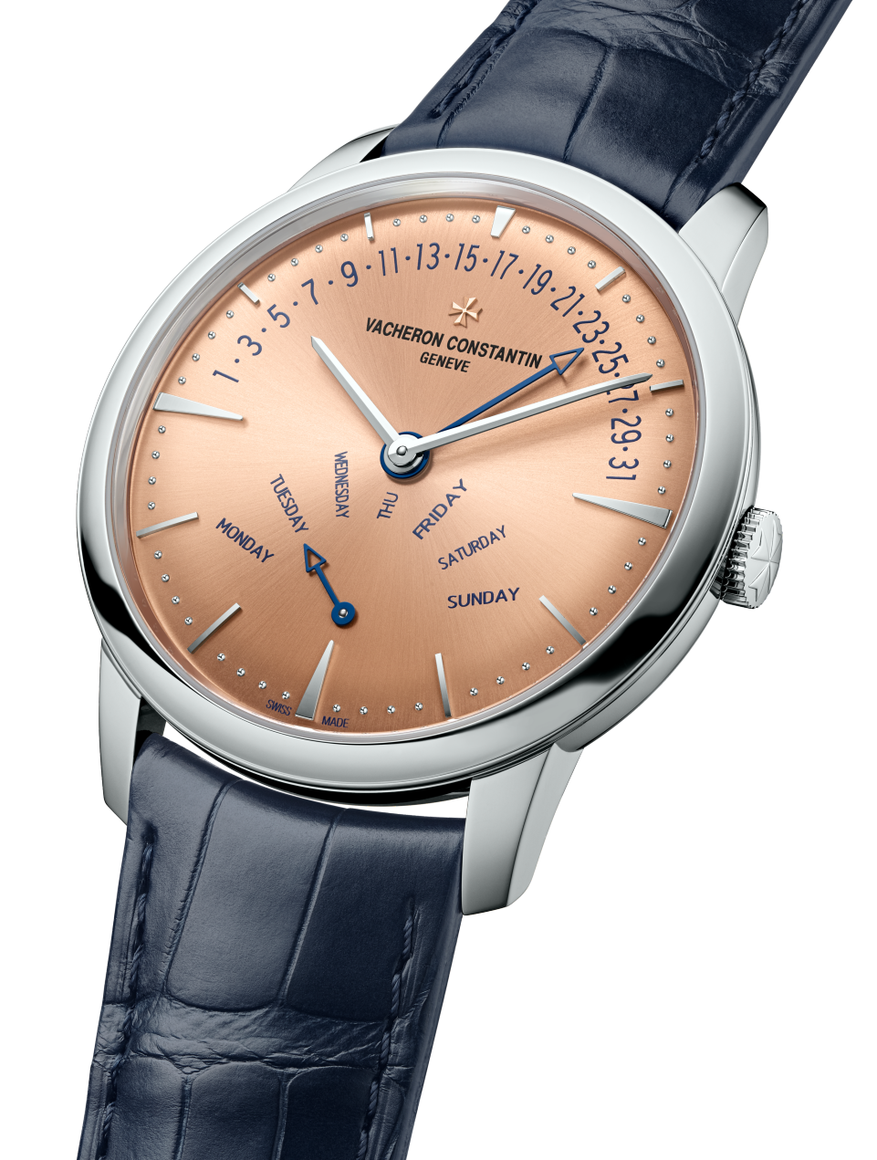 3/4视图 - 品牌形象 - 腕表 - Patrimony retrograde day-date - 42.5毫米 铂金 隽永 鳄鱼皮 表带