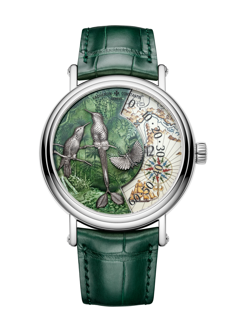 Front view - Packshot - Watch - Métiers d'Art Tribute to Explorer Naturalists - Terre de feu - 41 mm White Gold with Alligator leather strap
