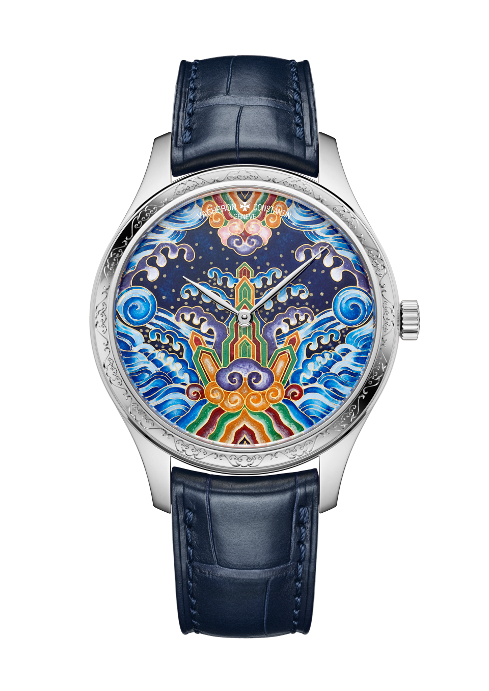 Front view - Packshot - Watch - Métiers d’Art Tribute to traditional symbols - Eternal flow - 38 mm White Gold with Alligator leather strap
