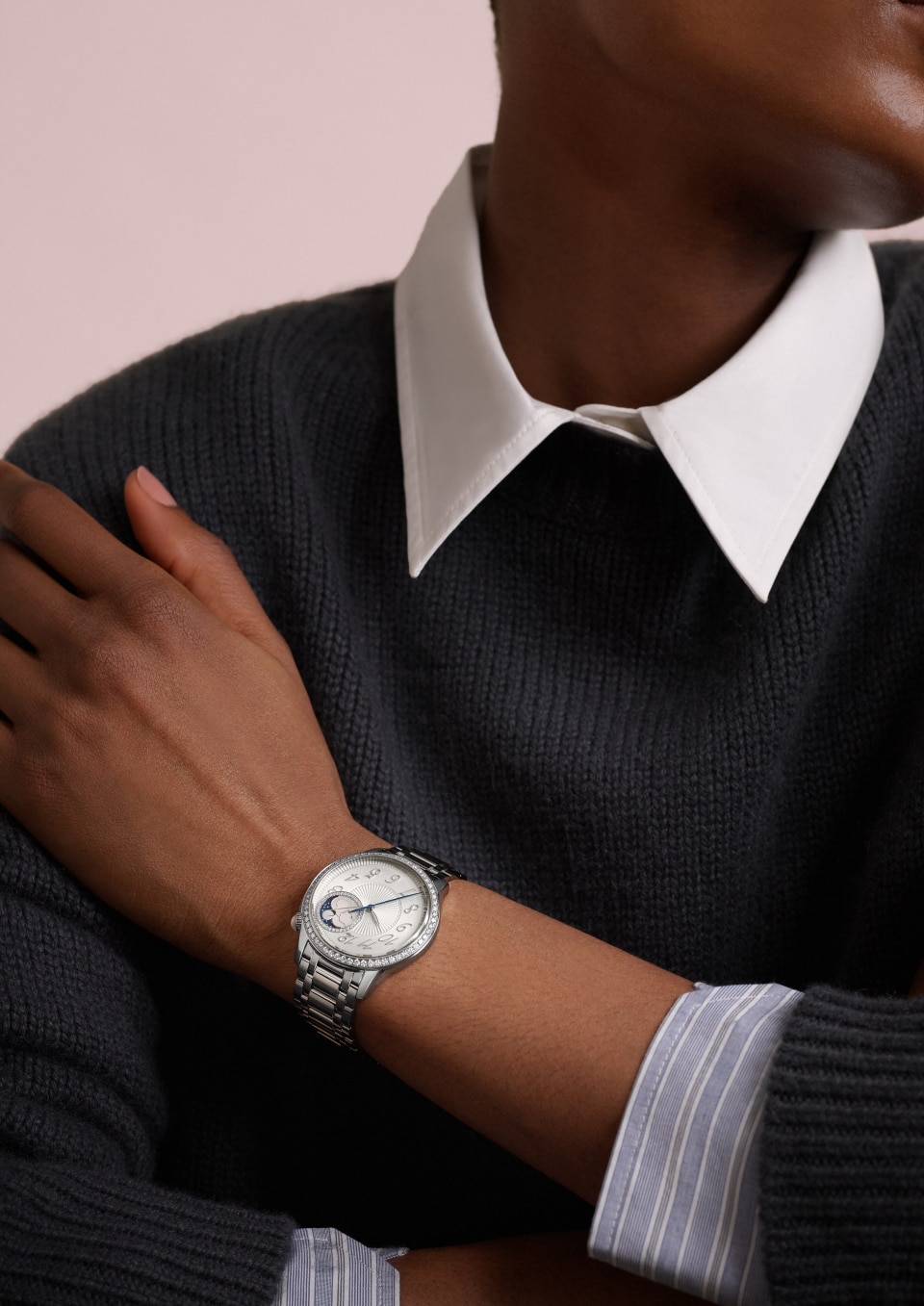  - Lifestyle product photo - Watch - Égérie moon phase - 37 mm Steel with Stainless steel strap